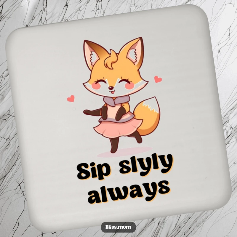 Funny Kawaii Fox Mom Coaster: A fox mom twirls gracefully. Protects surfaces with elegant humor and foxy style.