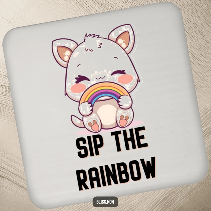Funny drink coaster featuring a joyful animal winking playfully while holding a miniature rainbow.