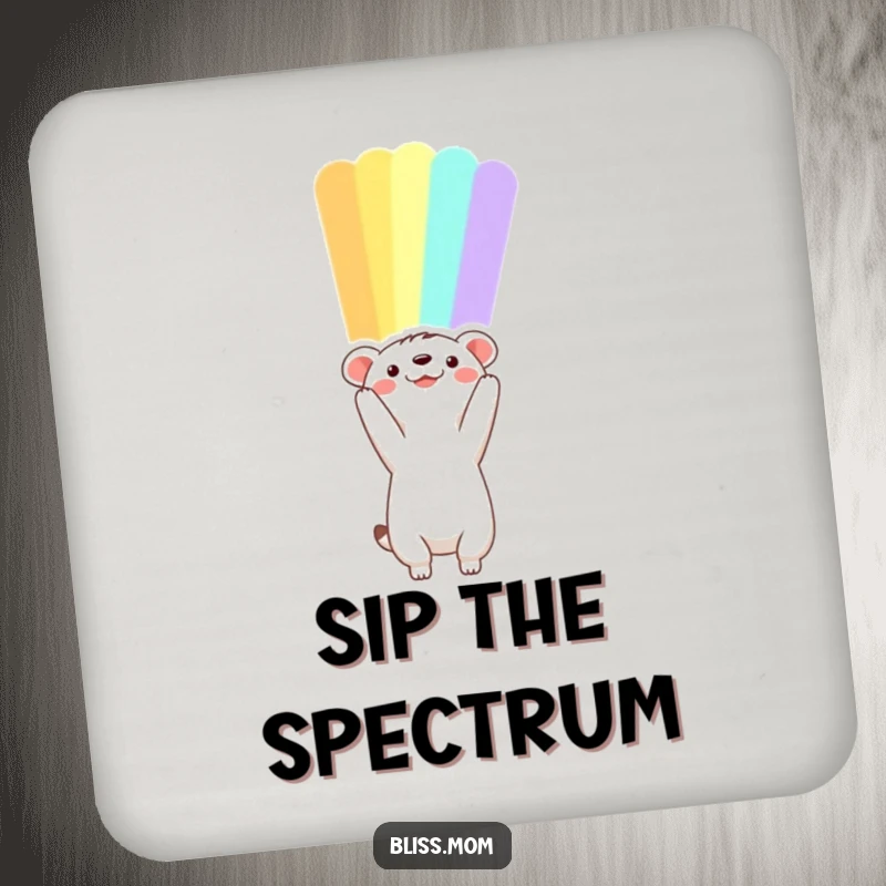 Funny animal rainbow coasters reaching towards a vibrant arc, perfect for protecting surfaces with a hopeful touch.