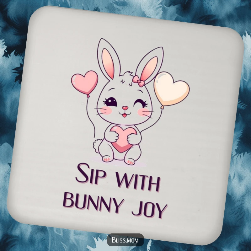 Funny drink coasters featuring a cheerful bunny mom with rosy cheeks holding a heart balloon, perfect for bunny homes.