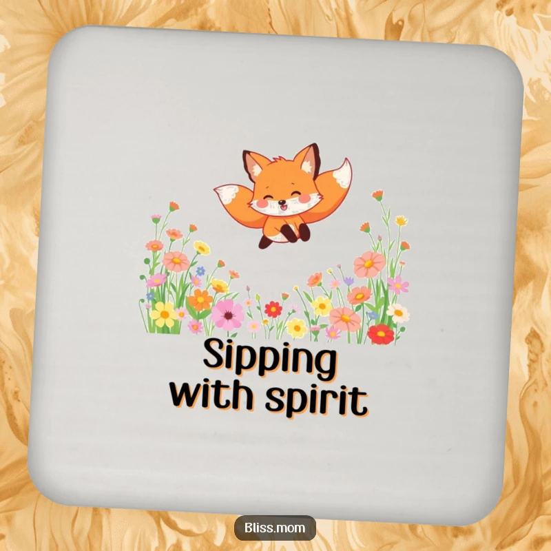 Funny drink coaster showcasing a gleeful fox leaping through wildflowers, protecting surfaces with artistic flair.