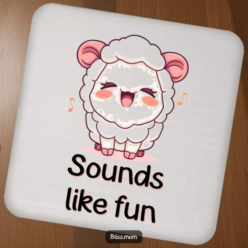 Funny Kawaii Sheep Mom Drink Coaster, cheerfully singing with eyes closed, providing cute and humorous surface protection.