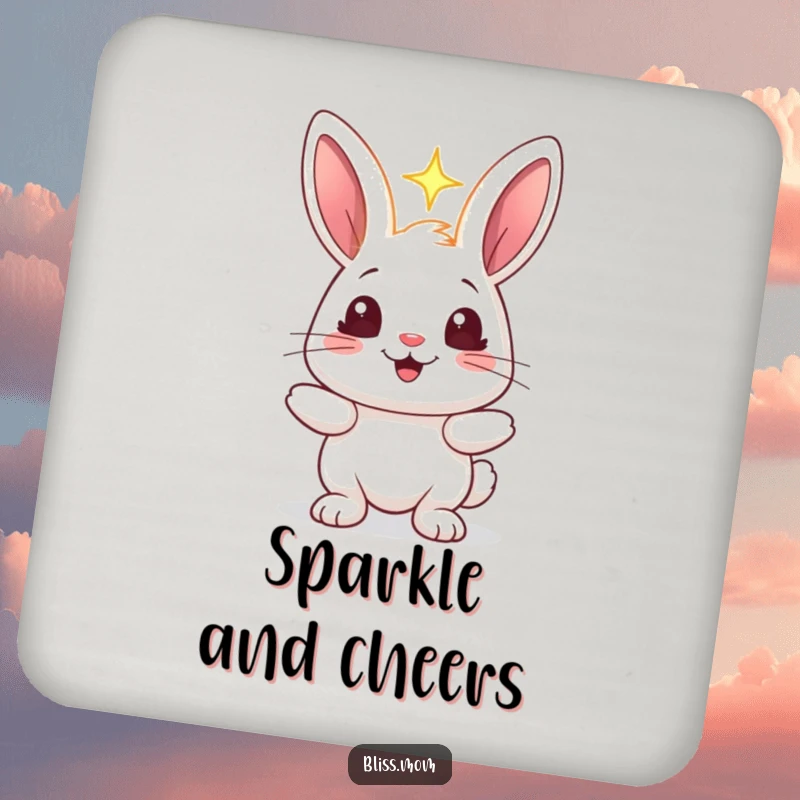 Funny rabbit coaster featuring a cheerful bunny holding a radiant light, its eyes sparkling, adding whimsical protection to your table.