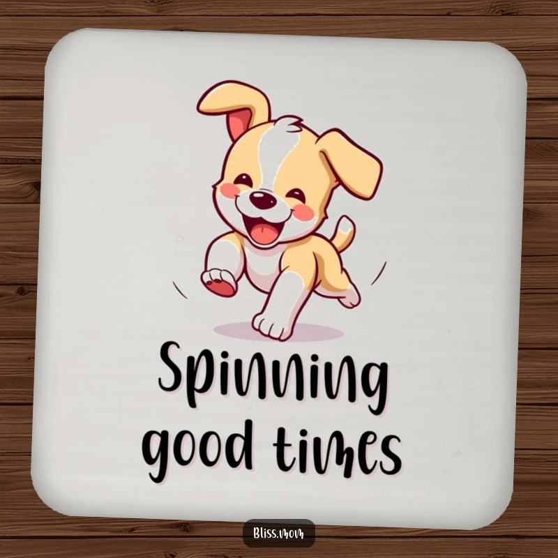 Funny Coasters: Puppy chasing tail in circles, protecting surfaces with playful energy.