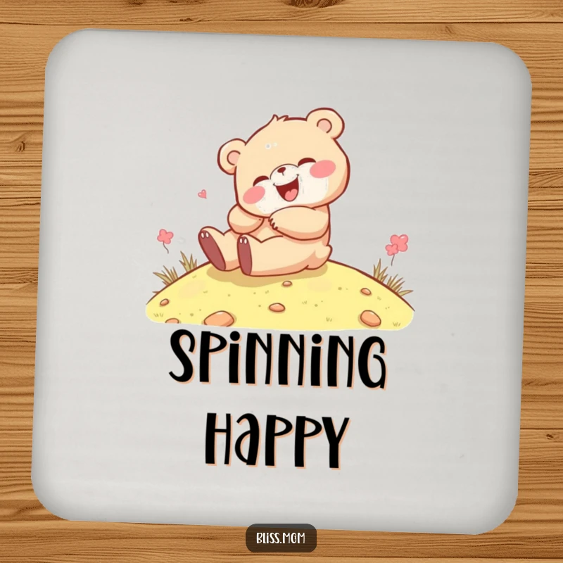 Funny kawaii bear cub giggling while rolling down a hill, depicted on a set of drink coasters, adding cute protection.