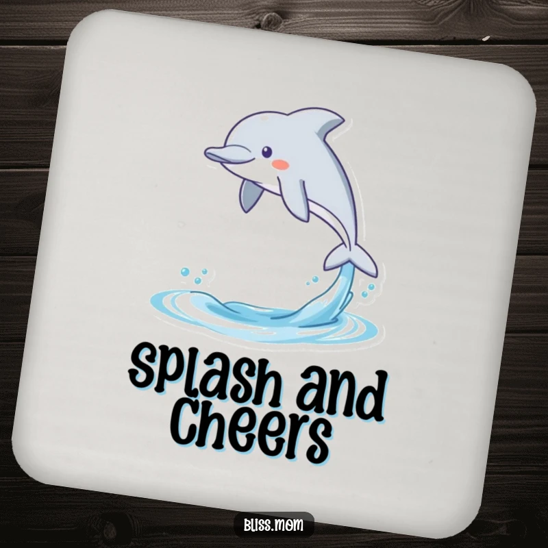 Funny coasters featuring a gleeful kawaii dolphin leaping from water, adding a humorous and decorative touch to drink surfaces.
