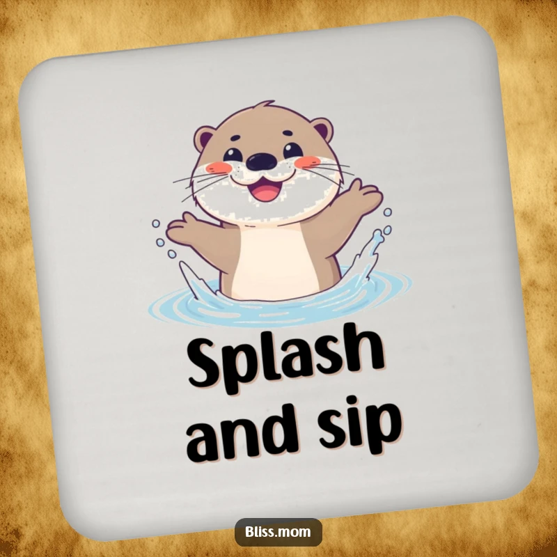 Funny drink coasters featuring a happy otter splashing playfully in water, its wide smile radiating pure joy and protecting surfaces.