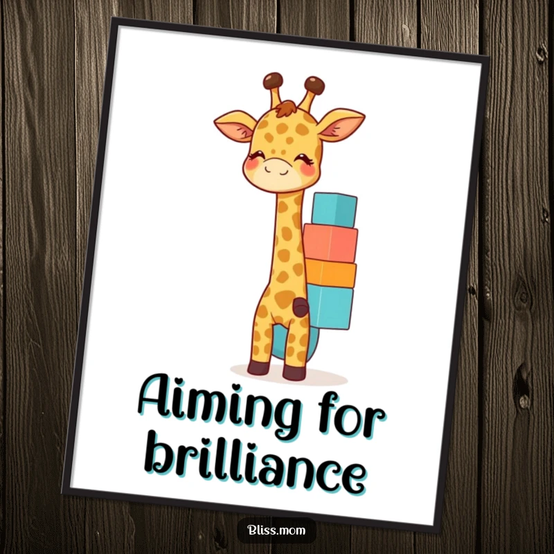Funny giraffe mom poster featuring a giggling mother giraffe happily balancing colorful blocks, celebrating fun parenting.