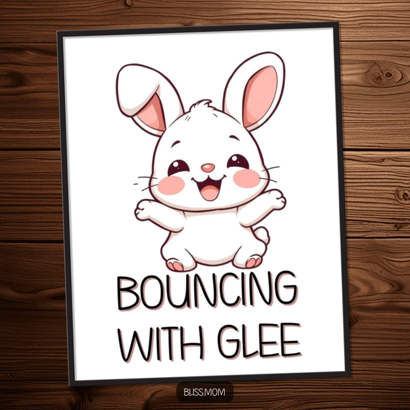 Funny joyful kawaii bunny with floppy ears bouncing excitedly, cute rabbit wall art, vibrant and happy, perfect funny gift.