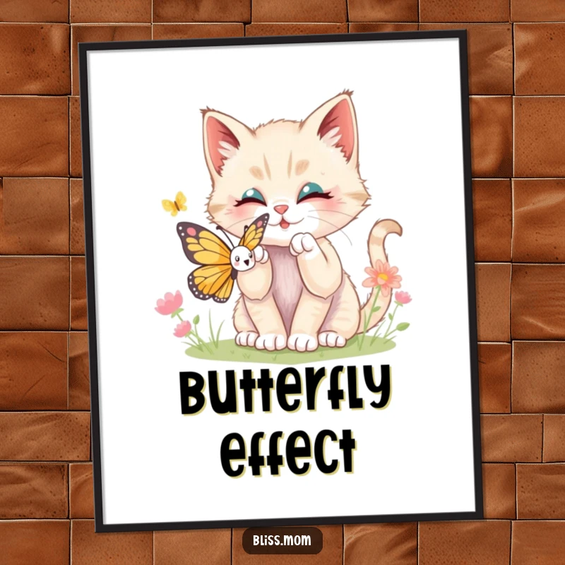 Funny kawaii kitten batting playfully at a colorful butterfly, printed as vibrant wall art, capturing a whimsical moment of joy.
