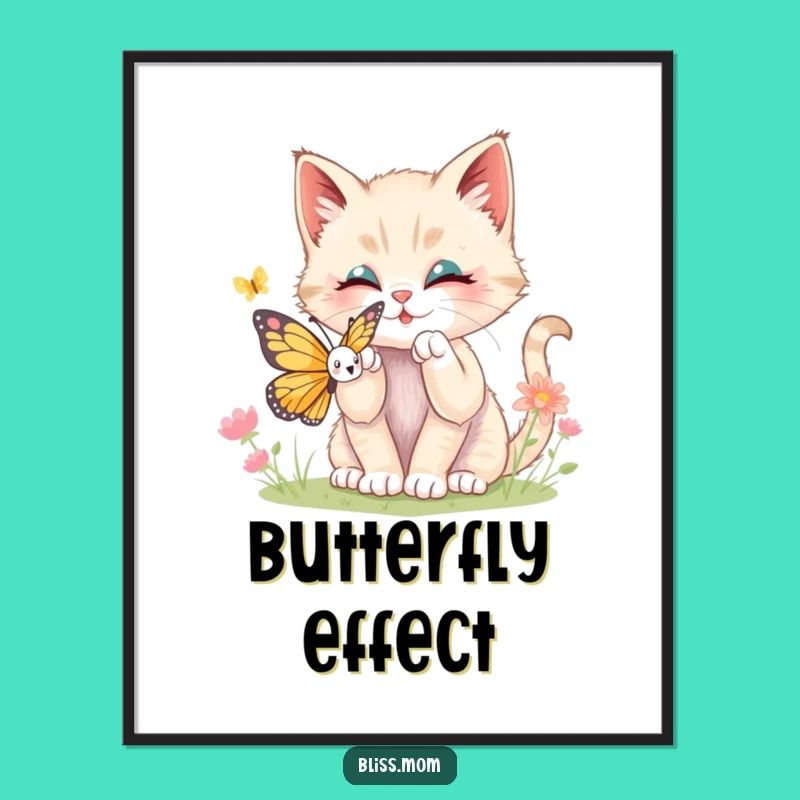 Funny Kawaii Kitten Butterfly Poster: Adorable Playful Wall Art Gift