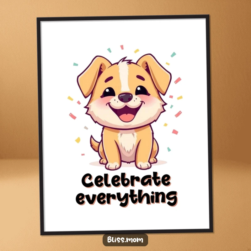 Funny poster featuring a happy dog character with a beaming smile, surrounded by colorful confetti, conveying pure canine celebration.