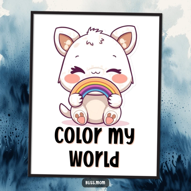 Funny poster print of a joyful animal winking playfully while holding a small, vibrant miniature rainbow.