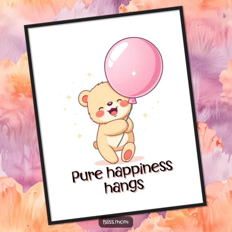 Funny poster art of a bear cub hugging a giant, sparkly balloon, radiating happiness, innocence, and wonder.