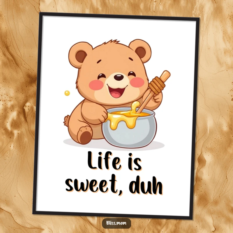 Funny Bear Cub Poster: Showcases a delighted bear cub intensely focused on reaching a pot of honey.