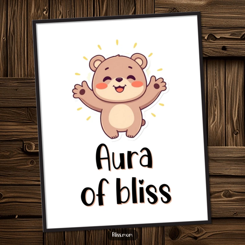 Funny bear poster depicting a smiling bear embracing a soft, glowing aura, radiating peace, love, and gentle happiness.