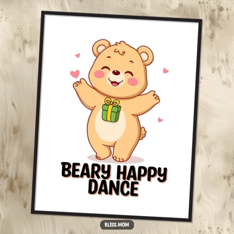 Funny poster art of a happy bear mom playfully dancing with a small gift, symbolizing joy and celebration.