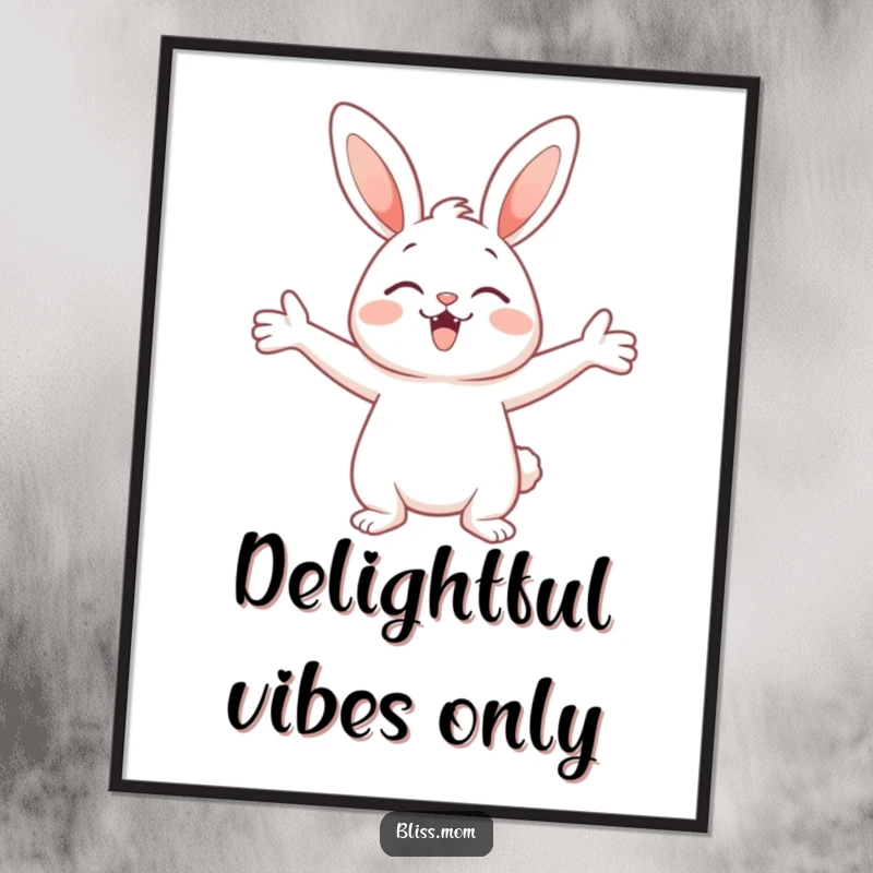 Funny poster of an adorable bunny with arms spread wide, conveying pure delight and an inviting, joyful greeting for all.