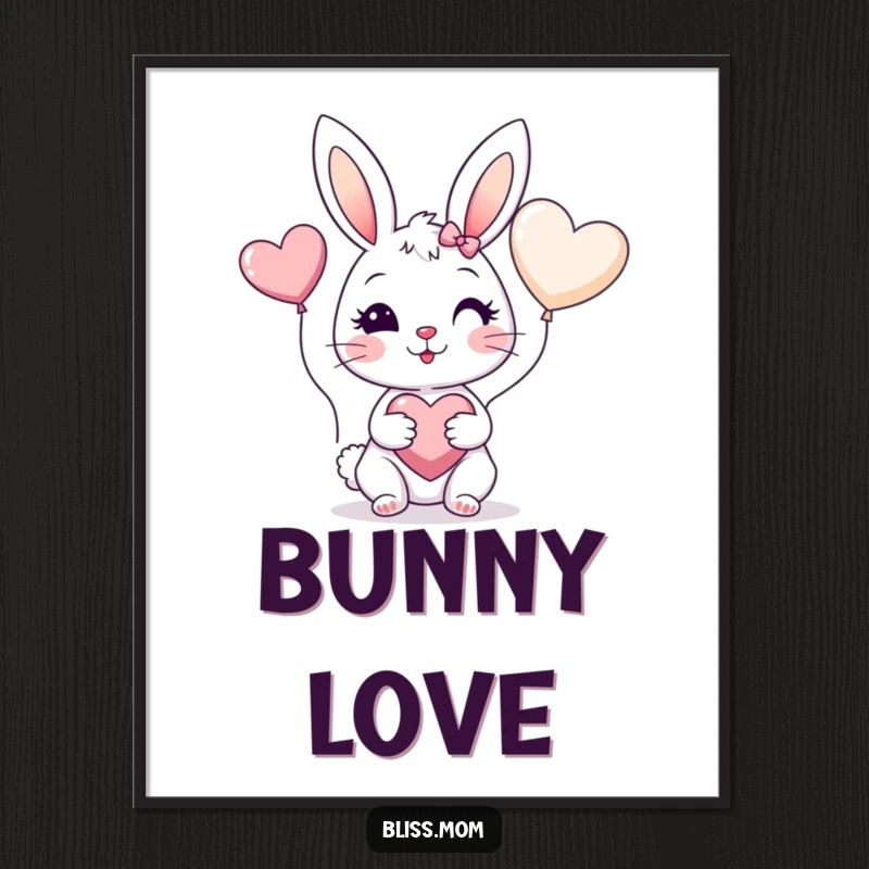 Funny poster art of a cheerful bunny mom with rosy cheeks holding a heart balloon, symbolizing love and happiness.