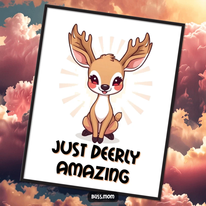 Funny deer mom poster featuring a radiant doe in a graceful, happy pose, creating an inspiring and cheerful atmosphere.