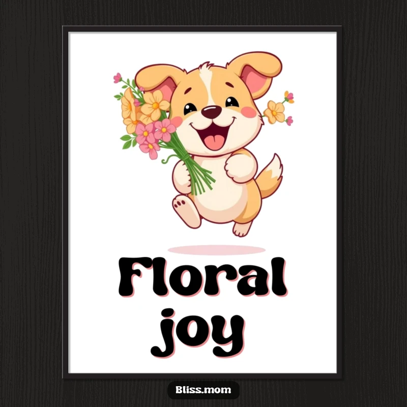 Funny Dog Flower Poster: Happy dog bounds with a bouquet of flowers, creating a lively and cheerful atmosphere. Perfect for funny wall decor.