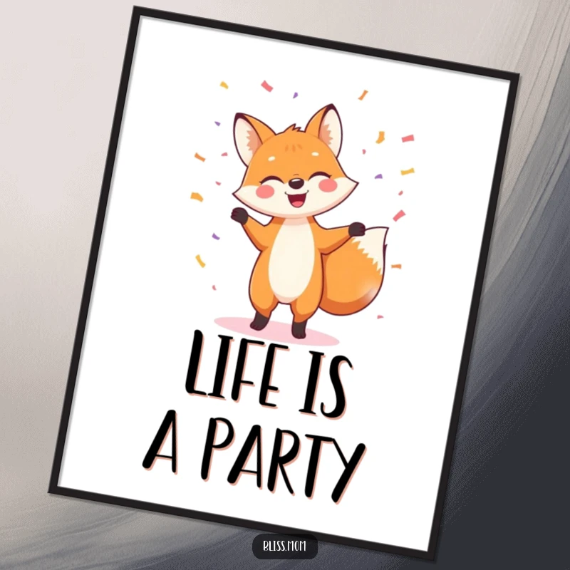 Funny poster of a charming fox joyfully dancing with abandon, showered in vibrant confetti, embodying unbridled happiness and celebration.