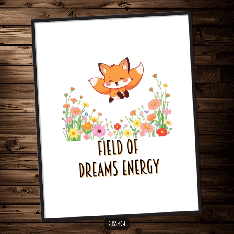 Funny poster of a gleeful fox mid-leap through a sunny field of wildflowers, creating a lively and cheerful wall art piece.