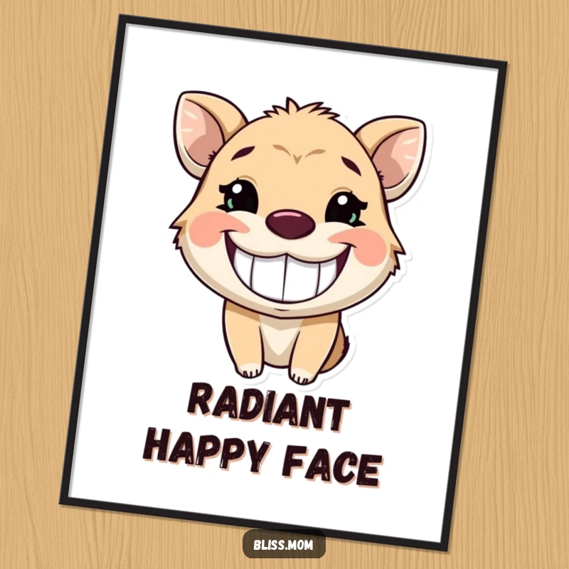 Funny poster of an animal with a wide, infectious, glowing grin, radiating pure happiness and good vibes.