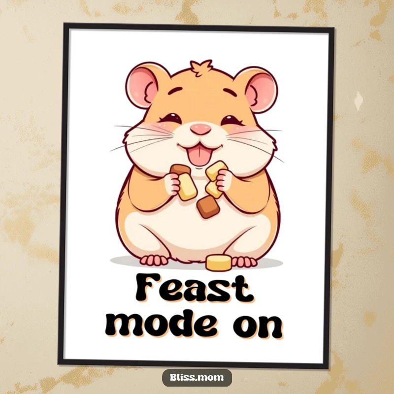 Funny poster: a happy hamster mom happily stuffing her cheeks with treats, embodying the joy of abundance and pet love.