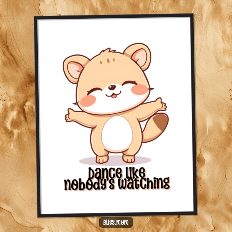 Funny poster depicting an animal in a joyful dance, eyes closed in happiness, capturing a moment of pure, uninhibited celebration.