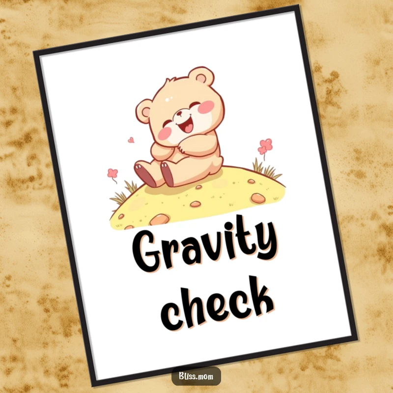 Funny kawaii bear cub giggling while rolling down a grassy hill, presented as vibrant wall art, capturing carefree happiness.