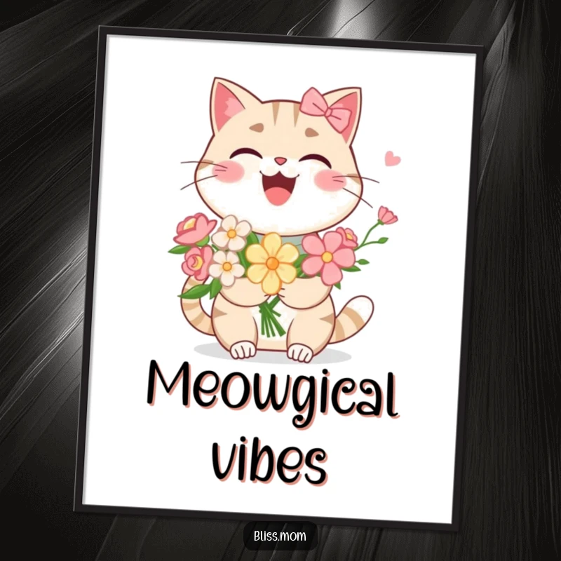 Funny Kawaii Cat Mom Poster: A joyful cat mom laughs heartily over a colorful flower bouquet. Charming feline art that radiates happiness.