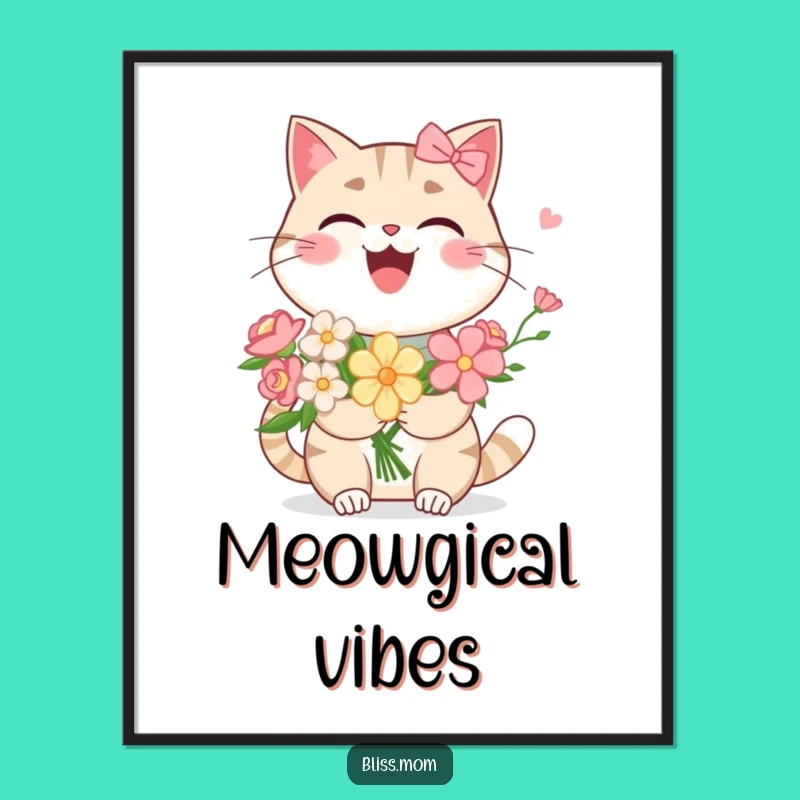 Funny Kawaii Cat Mom Poster: Laughing Bouquet Art, Whimsical Funny Gift Decor