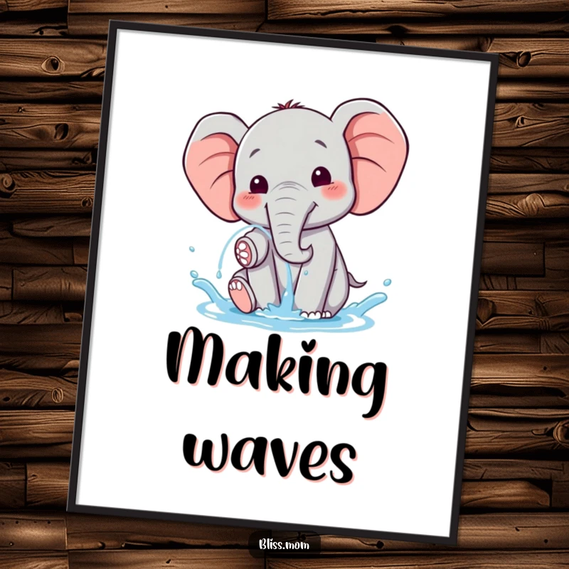 Funny happy kawaii elephant joyfully spraying water, presented as vibrant wall art, capturing a moment of pure bliss.