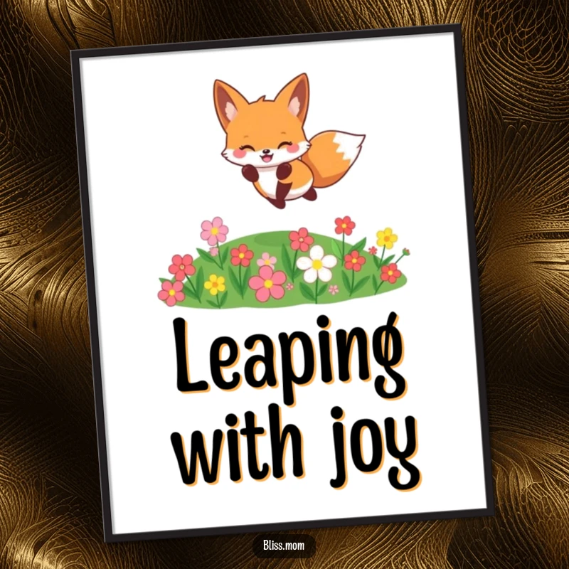Funny cheerful kawaii fox jumping over flowers, woodland wall art, vibrant and cute, perfect funny gift.