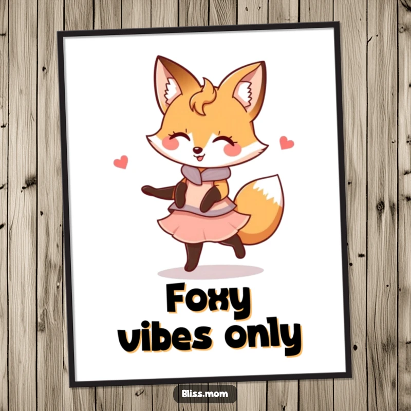 Funny Kawaii Fox Mom Poster: A happy fox mom twirls gracefully. Art that radiates pure, elegant joy and foxy charm.