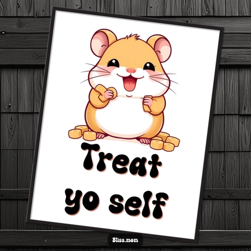 Funny delighted kawaii hamster stuffing cheeks with treats, cute rodent wall art, vibrant and happy, perfect funny gift.