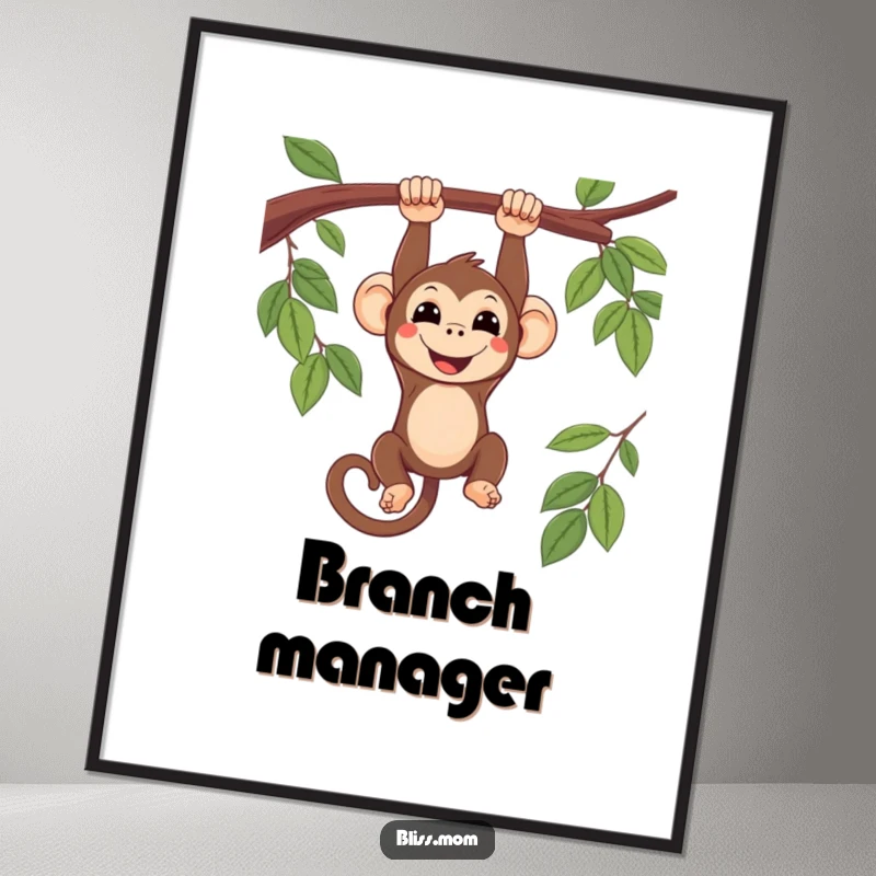 Funny smiling kawaii monkey hanging upside down from a tree branch, presented as vibrant wall art, capturing carefree joy.