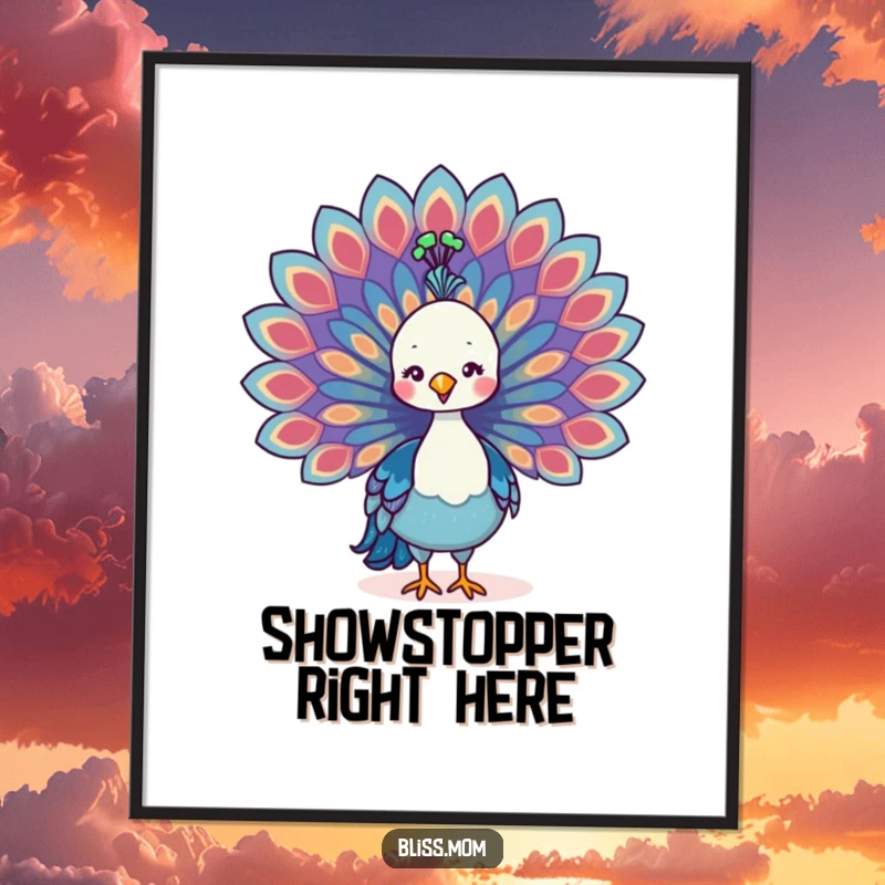 Funny Kawaii Peacock Mom Poster, proudly displaying vibrant, colorful tail feathers, adding majestic beauty to decor.