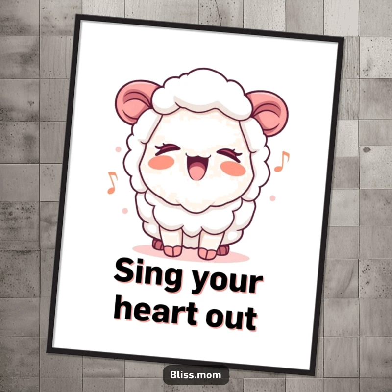 Funny Kawaii Sheep Mom Poster, eyes closed, singing a heartwarming tune, adding cheerful musical vibes to any room.