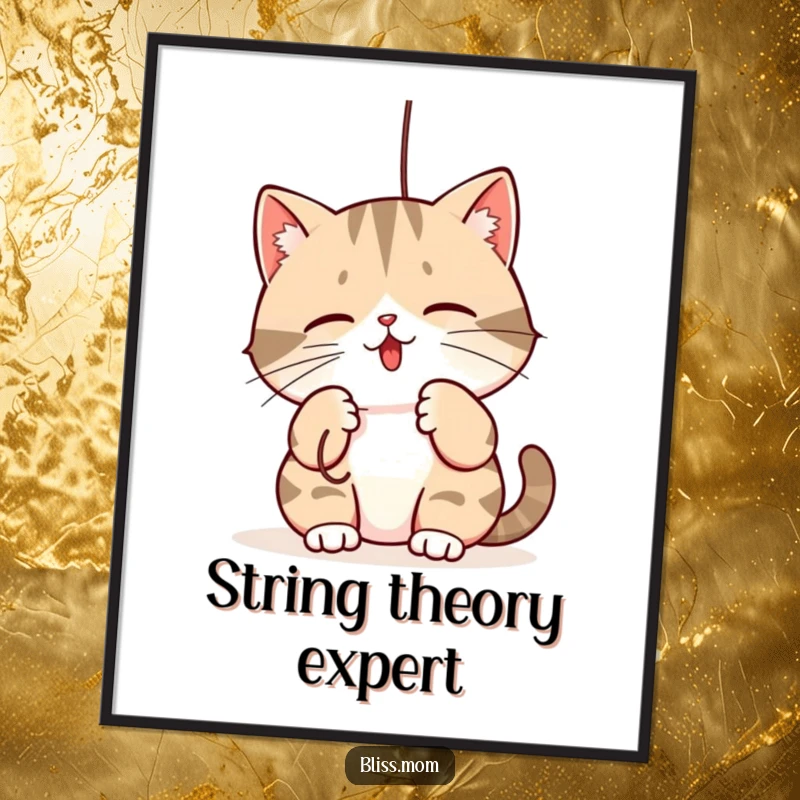 Funny poster: a kawaii mama cat playfully batting at a dangling string, capturing the essence of feline playfulness.