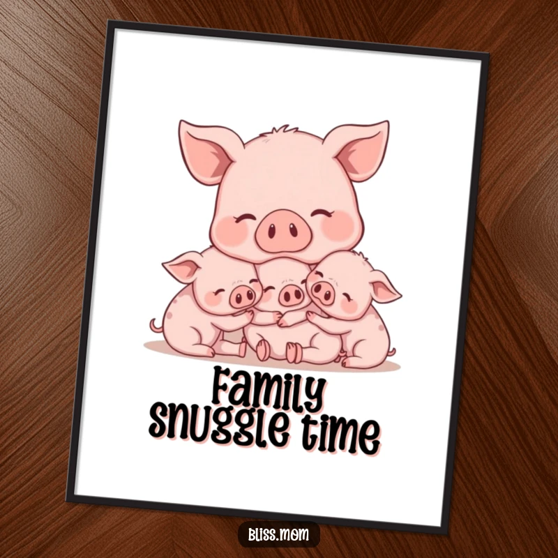 Funny Mama Pig Art Print, depicting a contented mama pig snuggling her piglets, adding sweet farm charm to walls. A great gift.