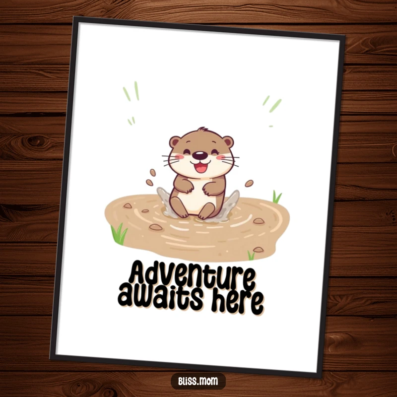 Funny poster of a happy otter sliding down a muddy bank with a big splash, capturing dynamic water fun.