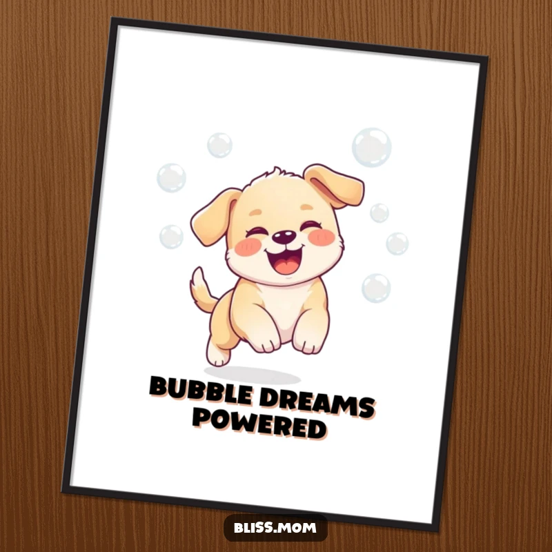Funny poster print of a kawaii puppy chasing bubbles with immense joy, capturing playful innocence.