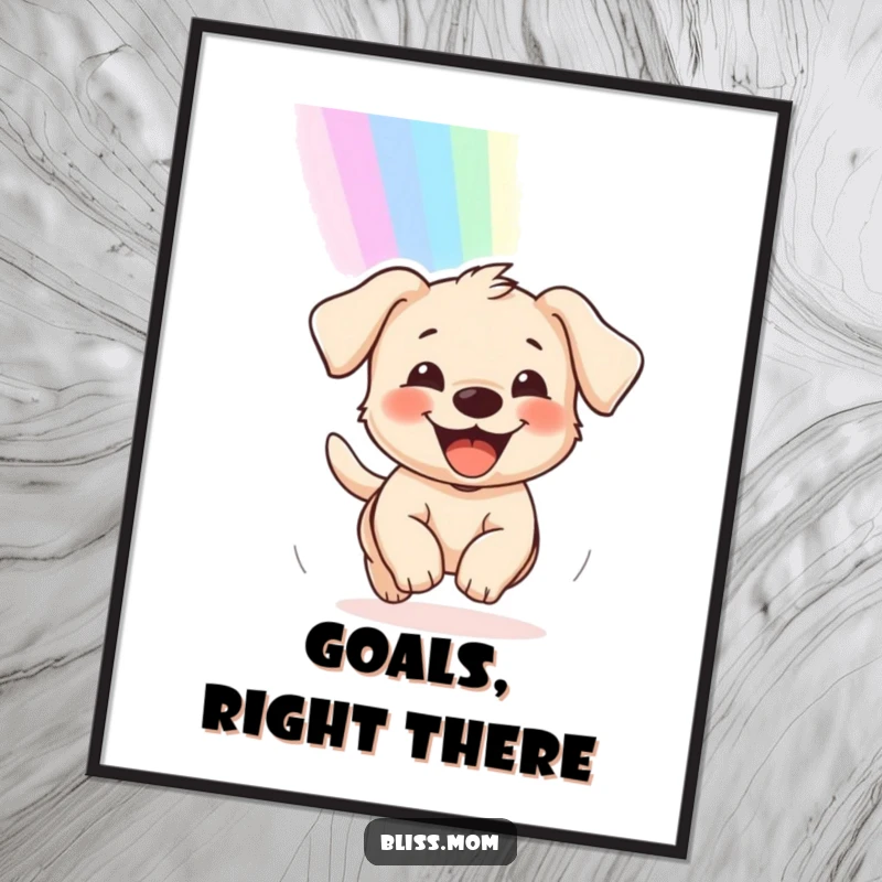 Funny poster art of a happy puppy with a wide grin, joyfully pursuing a colorful rainbow, radiating optimism.