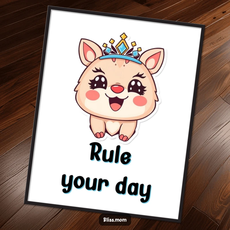 Funny poster of a joyful animal with bright eyes, wearing a sparkling crown and a radiant smile, exuding regal happiness.