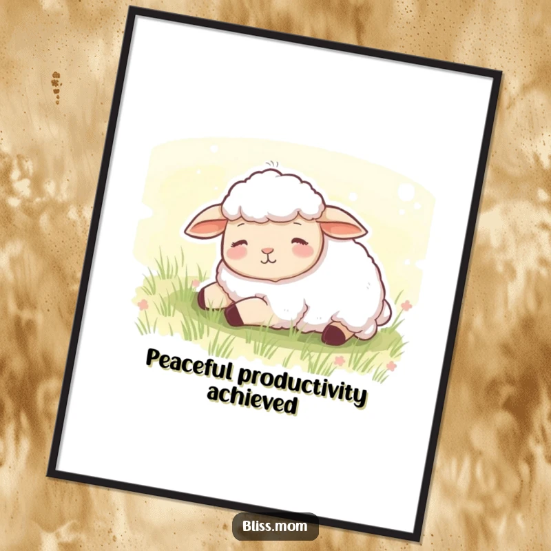 Funny poster of a content sheep peacefully dozing in a soft green meadow, creating a serene and calming wall art.