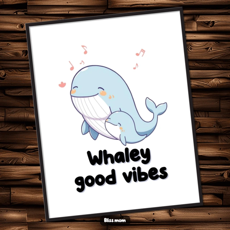 Funny whale mom poster featuring a blissful mother whale singing a joyous melody with her calf, creating a peaceful ambiance.