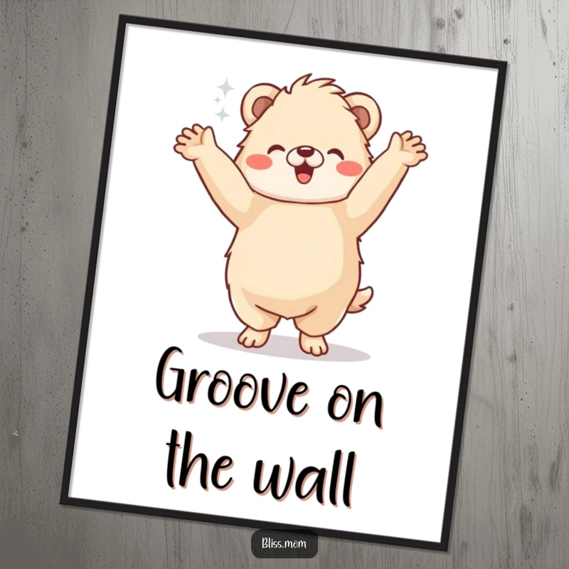 Funny Poster: A fluffy animal dances a happy jig with arms raised, embodying spontaneous and hilarious celebration.