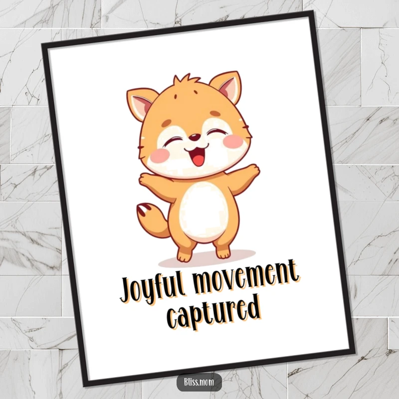 Funny animal poster doing a joyful happy dance with eyes closed, creating a lively and cheerful wall art piece.